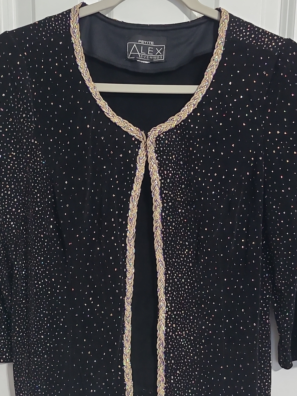 Alex Evenings Black Velvet Open-Front Vintage Cardigan with Metallic Trim - Picture 2 of 4